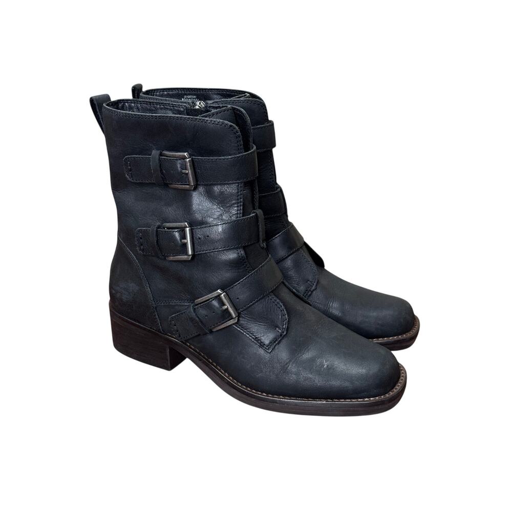 Lucky Brand Katriny Moto Black Biker Grunge Leather Boots with Buckles Size 8.5